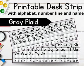 Gray Plaid Theme Editable Desk Name Plates for Elementary | Alphabet, Number Line & Customizable Strips