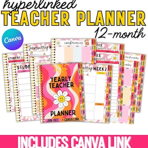 Pode incluir: Um planejador de professores de 12 meses com um design retrô. O planejador inclui um link do Canva e apresenta um esquema de cores rosa, laranja e branco. A capa diz "Yearly Teacher Planner" com um gráfico de margarida. O planejador inclui seções para alunos e conferências.