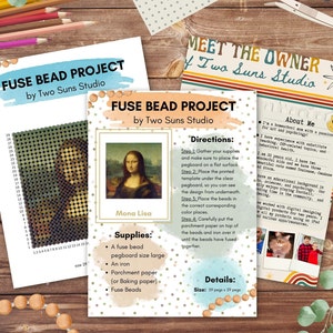 May include: A fuse bead project featuring a colorful image of the Mona Lisa. The project includes a fuse bead pegboard, parchment paper, an iron, and fuse beads. The instructions include steps on how to complete the project. The project is titled "Fuse Bead Project by Two Suns Studio".