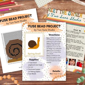 May include: Fuse bead project instructions for a spring snail design. The instructions include a list of supplies, directions, and details about the project. The project is 29 pegs by 29 pegs.