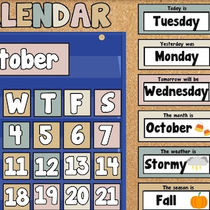 Neutral Colors Pocket Chart Calendar with Weather, Season, Month & Day Display