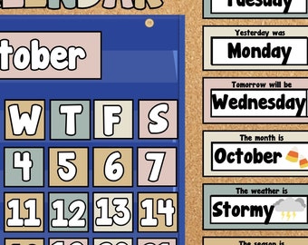 Neutral Colors Pocket Chart Calendar with Weather, Season, Month & Day Display