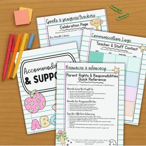 May include: A collection of colorful stationery and printed pages on a wooden surface. The pages include titles like "Goals & Progress Trackers," "Communication Logs," and "Resources & Advocacy." There are also pens, sticky notes, and paper clips.