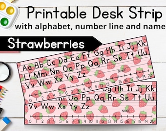 Strawberry Theme Editable Desk Name Plates for Elementary | Alphabet, Number Line & Customizable Strips