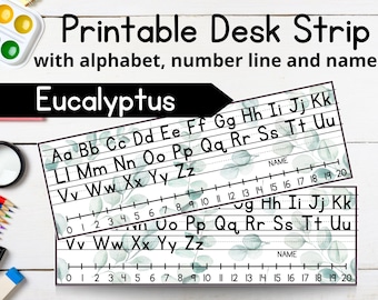 Eucalyptus Theme Editable Desk Name Plates for Elementary | Alphabet, Number Line & Customizable Strips