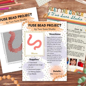 May include: A printable fuse bead project template for creating a worm. The template is 29 pegs by 29 pegs and includes instructions for gathering supplies, placing beads, and fusing them together.