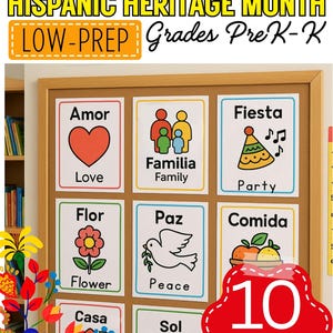 Può includere: Una bacheca mostra poster di classe spagnolo/inglese per il mese del patrimonio ispanico. I poster presentano parole come "Amore", "Famiglia" e "Festa", con illustrazioni corrispondenti. Il set include 10 poster, progettati per le classi PreK-K.