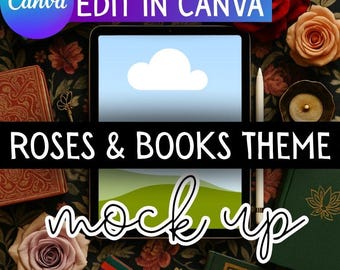 Roses and Books Themed Tablet iPad Mockup: Canva Drag-and-Drop Mock (Digital Download)