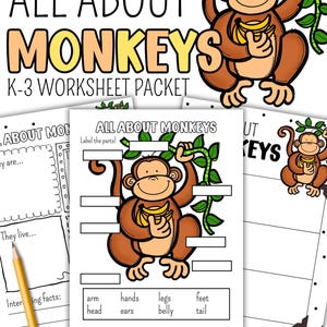 Pode incluir: Um pacote de folhas de trabalho intitulado "All About Monkeys" para alunos da K-3. A capa apresenta um macaco de desenho animado segurando bananas e uma folha de trabalho com uma ilustração de macaco para rotular as partes do corpo. Inclui opções coloridas e em preto e branco.