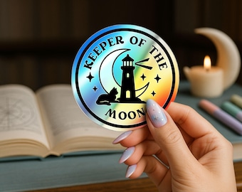 Holographic Keeper of the Moon Die-Cut Stickers, Unique Keepsake Stickers, Moon Lovers Gift, Aesthetic Skateboard Decals, Cosmic Art