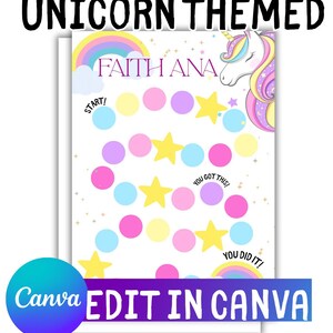 May include: A printable unicorn-themed reward chart with the text "EDITABLE REWARD CHART" and "UNICORN THEMED". The chart features colorful circles, stars, and a unicorn illustration. The text "EDIT IN CANVA" is also present. The chart measures 8.5x11 inches.
