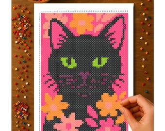 Black Cat Super Fuse Bead Pattern – Printed 11x17 Pattern | SUPER Perler Board Size | 49x69 Pegboard Grid | Free Shipping