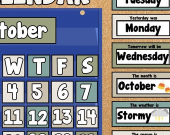 Eucalyptus Colors Pocket Chart Calendar with Weather, Season, Month & Day Display