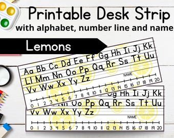 Lemon Theme Editable Desk Name Plates for Elementary | Alphabet, Number Line & Customizable Strips