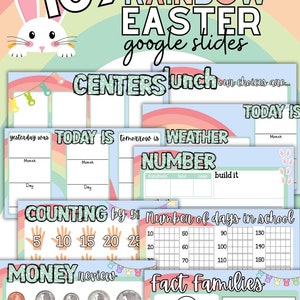 May include: A set of printable Google Slides for an Easter-themed classroom centers activity. The slides feature a rainbow theme with pastel colors and include activities such as counting by 5s, number of days in school, money review, fact families, weather, and a number chart.