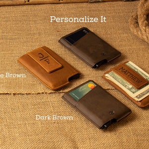 Leren portemonnee heren met voorvak | Slanke pop-up creditcardportemonnee | Gepersonaliseerde leren portemonnee | Minimalistische portemonnee met geldclip voor heren