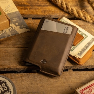 Slanke pop-up creditcardportemonnee | Leren portemonnee heren met voorvak | Gepersonaliseerde leren portemonnee | Minimalistische portemonnee met geldclip voor heren