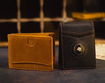 Leather AirTag Wallet Men | Apple Airtag Leather Wallet | Bifold Leather Wallet with Money Clip | Front Pocket Wallet w Money Clip