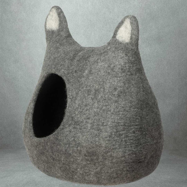 Handmade Felted Woolen Catcave Grey Cozy Cat House With Ears Design