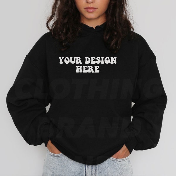 Mock-up, Gildan 18500 black hoodie mockup, modeled mockup, mockup on a girl, hoodie mockup for unisex, Black hoodie modeled mockup,