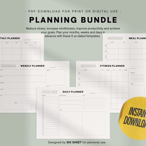 May include: A set of five printable planner templates for monthly, weekly, daily, fitness, and meal planning. The templates are black and white and feature a simple, minimalist design. The text "PLANNING BUNDLE" is at the top of the image, and the text "INSTANT DOWNLOAD" is in a yellow circle at the bottom right.