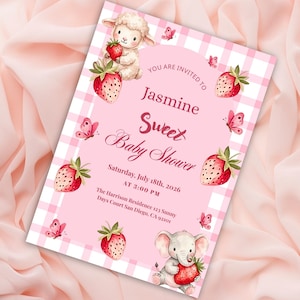 Strawberry Baby Shower, Berry Sweet Baby Shower invite, Baby Girl, Pink Gingham, Watercolor Lamb Elephant, Editable Digital Download.