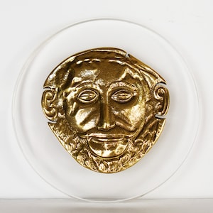 Mask of Agamemnon - Paperweight - The best known of Schliemann&#39;s finds from the royal tombs at Mycenae - Plexiglass Base - Bronze