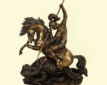 Saint George - Un chrétien vénéré comme un saint dans le christianisme - Tuant le dragon - Résine de bronze coulé à froid