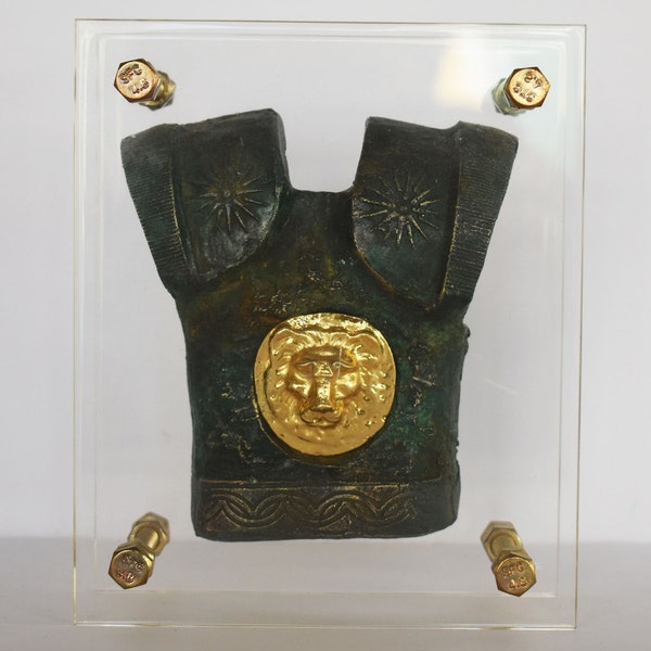 Macedonian Royal Dynasty Chest Plate - Lion Head and Vergina's sun Design in Plexiglass Base - Bronze