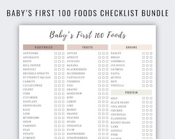 Baby Food Tracker Druckbar | Die ersten 100 Lebensmittel Checkliste | Essensplaner | Tägliches Log-Diagramm | Neutrale Farben