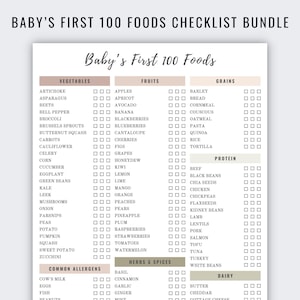 Afdrukbare babyvoedingtracker | Checklist voor de eerste 100 voedingsmiddelen | Maaltijdplanner | Daglogboek | Neutrale kleuren