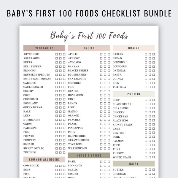 Baby Food Tracker Printable | Baby’s First 100 Foods Checklist | Neutral Colors