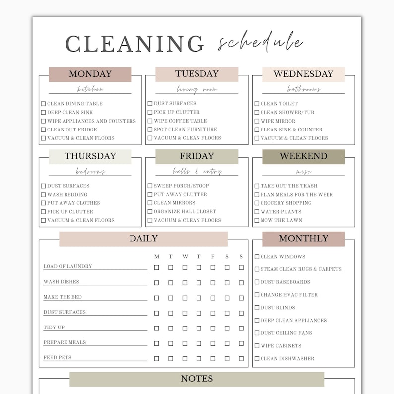 May include: A printable cleaning schedule checklist with a beige and brown color scheme. The checklist is divided into daily, weekly, and monthly tasks. The days of the week are listed across the top, and the tasks are listed below. The tasks include cleaning the kitchen, living room, bathrooms, bedrooms, halls and entry, and miscellaneous tasks.