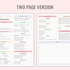 K&ouml;nnte beinhalten: Eine zweiseitige druckbare Checkliste zur Planung einer Geburt. Die Checkliste enth&auml;lt Abschnitte f&uuml;r Geburtspr&auml;ferenzen, Details, Gesundheitsinformationen, Umgebung, Schmerzlinderung, Entbindung, Pressen/Geburt, nach der Geburt, zus&auml;tzliche Pr&auml;ferenzen, falls ein Kaiserschnitt erforderlich ist, und Notizen.