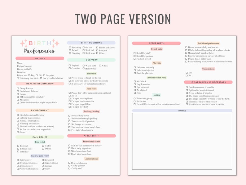K&ouml;nnte beinhalten: Eine zweiseitige druckbare Checkliste zur Planung einer Geburt. Die Checkliste enth&auml;lt Abschnitte f&uuml;r Geburtspr&auml;ferenzen, Details, Gesundheitsinformationen, Umgebung, Schmerzlinderung, Entbindung, Pressen/Geburt, nach der Geburt, zus&auml;tzliche Pr&auml;ferenzen, falls ein Kaiserschnitt erforderlich ist, und Notizen.