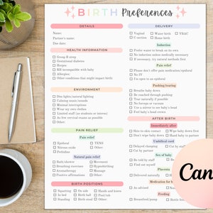 K&ouml;nnte beinhalten: Eine druckbare Checkliste f&uuml;r Geburtspr&auml;ferenzen mit Abschnitten f&uuml;r Details, Gesundheitsinformationen, Umgebung, Schmerzlinderung, Geburtspositionen, Entbindung, Einleitung, Schmerzlinderung, Pressen/Rei&szlig;en, nach der Geburt und F&uuml;tterung. Die Checkliste befindet sich auf einem hellrosa Hintergrund mit gr&uuml;nen, gelben und blauen Akzenten.