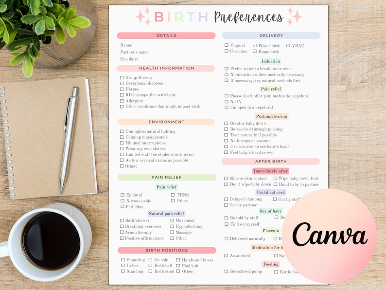 K&ouml;nnte beinhalten: Eine druckbare Checkliste f&uuml;r Geburtspr&auml;ferenzen mit Abschnitten f&uuml;r Details, Gesundheitsinformationen, Umgebung, Schmerzlinderung, Geburtspositionen, Entbindung, Einleitung, Schmerzlinderung, Pressen/Rei&szlig;en, nach der Geburt und F&uuml;tterung. Die Checkliste befindet sich auf einem hellrosa Hintergrund mit gr&uuml;nen, gelben und blauen Akzenten.