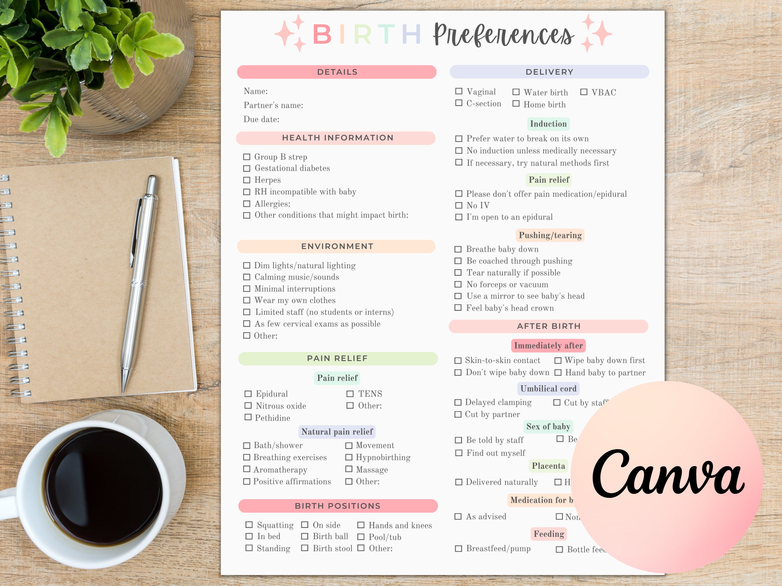 Birth Plan Template Printable Editable Pastel Rainbow Colors - Etsy