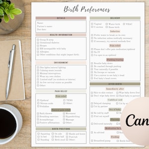 May include: A printable checklist for birth preferences with sections for details, health information, environment, pain relief, delivery, pushing/tearing, after birth, and birth positions. The checklist includes options for vaginal, water birth, home birth, epidural, nitrous oxide, and more.
