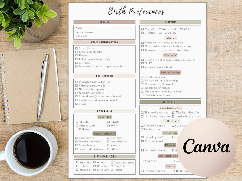 May include: A printable checklist for birth preferences with sections for details, health information, environment, pain relief, delivery, pushing/tearing, after birth, and birth positions. The checklist includes options for vaginal, water birth, home birth, epidural, nitrous oxide, and more.