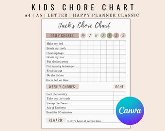 Weekly Daily Chore Chart for Kids To Do List Printable Personalized Planner Instant Download Editable PDF