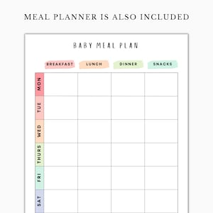 Peut inclure: Un planificateur de repas pour b&eacute;b&eacute; imprimable avec une grille pour chaque jour de la semaine, du lundi au samedi. Le planificateur est divis&eacute; en quatre sections&nbsp;: petit-d&eacute;jeuner, d&eacute;jeuner, d&icirc;ner et collations. Le planificateur est con&ccedil;u avec des couleurs pastel.