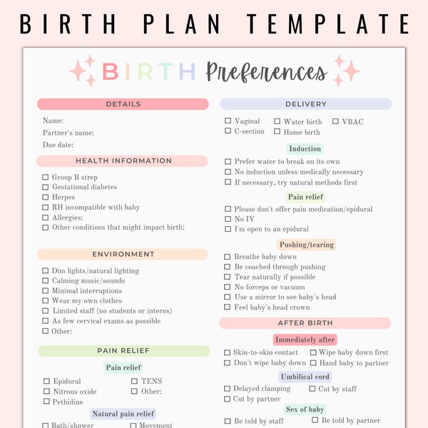 Birth Plan Template | Printable + Editable | Pastel Rainbow Colors