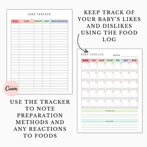 Peut inclure: Un suivi alimentaire pour b&eacute;b&eacute; imprimable avec un tableau et un journal. Le tableau comporte des colonnes pour la date, l'aliment, la quantit&eacute;, la pr&eacute;paration et la r&eacute;action/notes. Le journal comporte une grille de calendrier pour suivre les go&ucirc;ts et les d&eacute;go&ucirc;ts par jour de la semaine. Le journal comporte &eacute;galement des sections pour les favoris et les d&eacute;go&ucirc;ts.