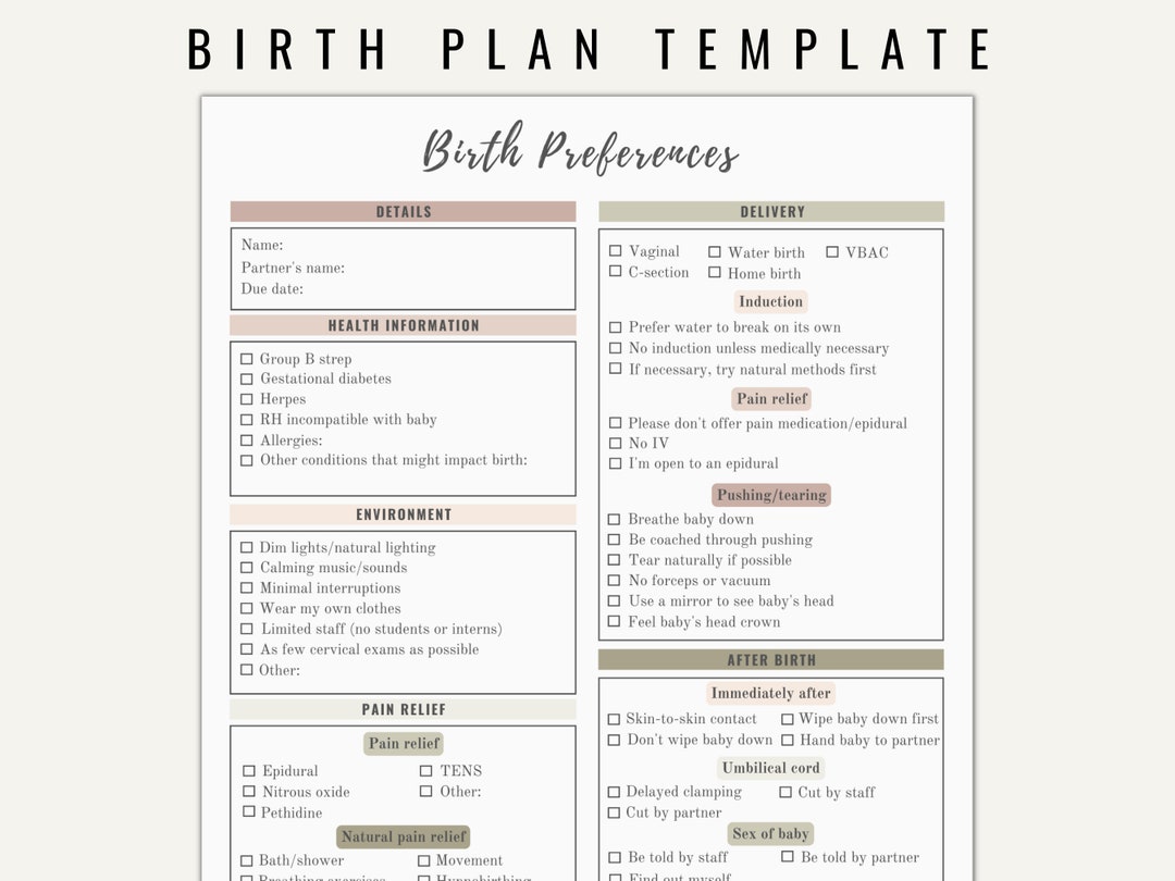 Birth Plan Template Printable Editable Neutral Colors Etsy Birth Plan Template Printable Editable Neutral Colors Etsy