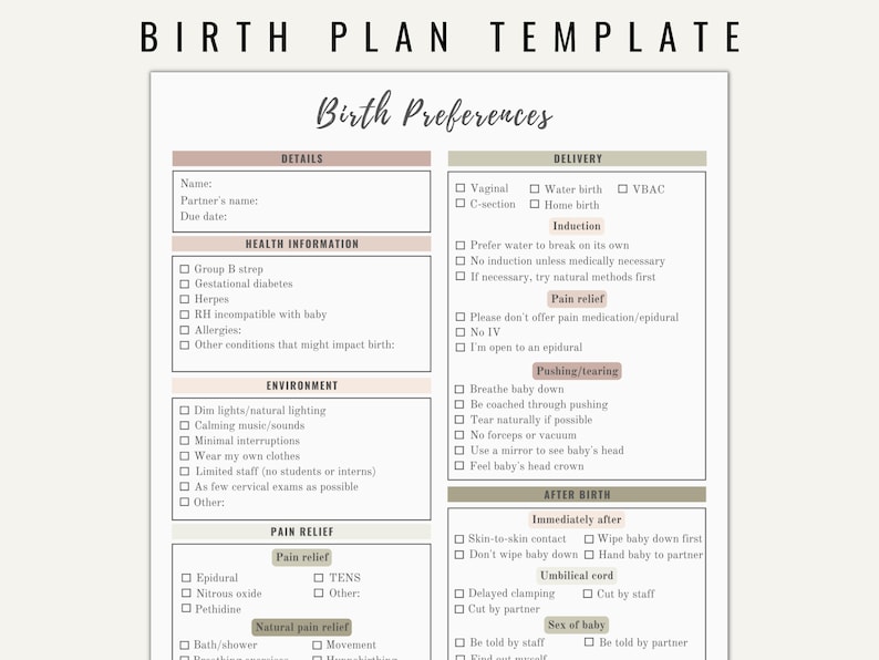 May include: A printable birth plan template with checkboxes for various preferences, including delivery, pain relief, and after birth care. The template includes sections for details, health information, environment, pain relief, and after birth.
