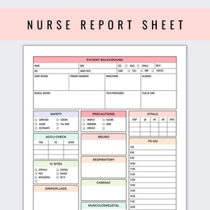 Puede incluir: Una hoja de informe de enfermería imprimible con secciones para antecedentes del paciente, seguridad, precauciones, signos vitales, verificación de accu-check, sitios IV, goteo/fluidos, neuro, respiratorio, cardíaco y musculoesquelético. La hoja también incluye una lista de tareas pendientes con franjas horarias de 7:00 AM a 7:00 PM.