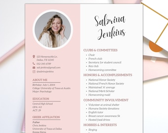 Sorority Resume Template with Photo & Cover Letter | Sorority Rush Recruitment Packet | Pink