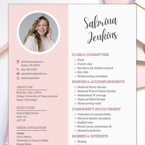 Sorority Resume Template with Photo & Cover Letter | Sorority Rush Recruitment Packet | Pink