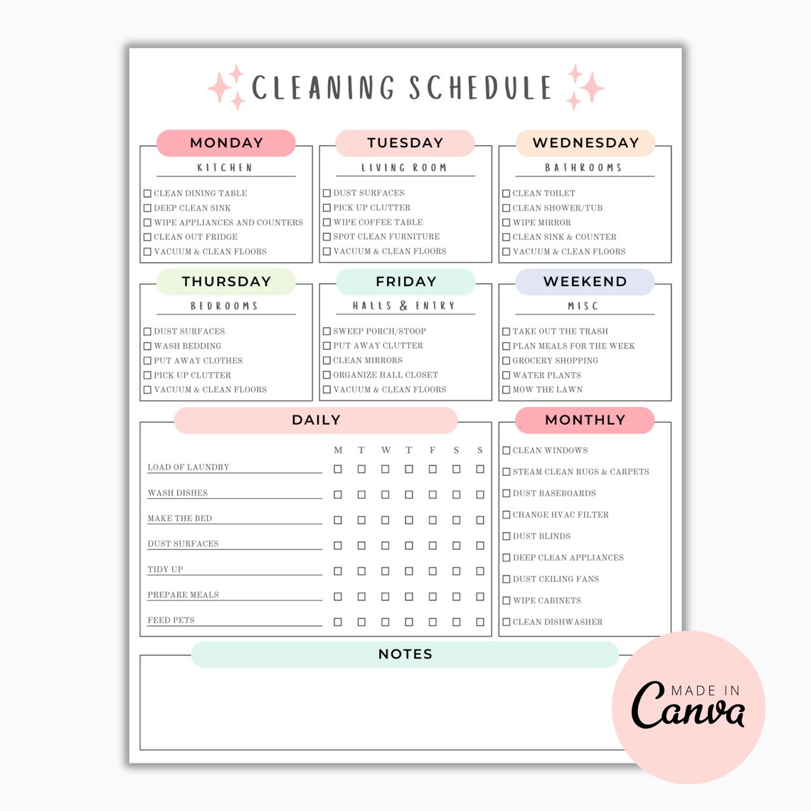 Editable Cleaning Schedule Canva | Printable Planner Checklist ...